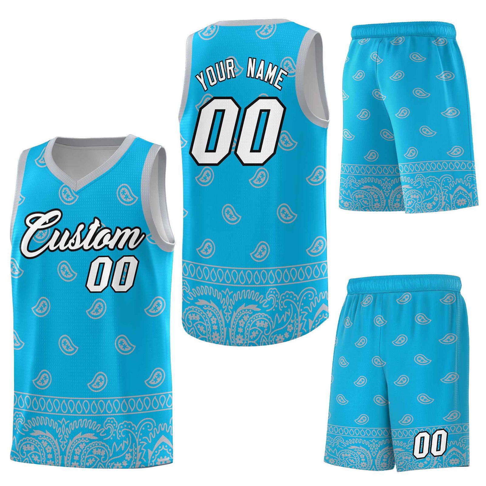 Custom Sky Blue Gray Personalized Cashew Pattern Sports Uniform Basketball Jersey