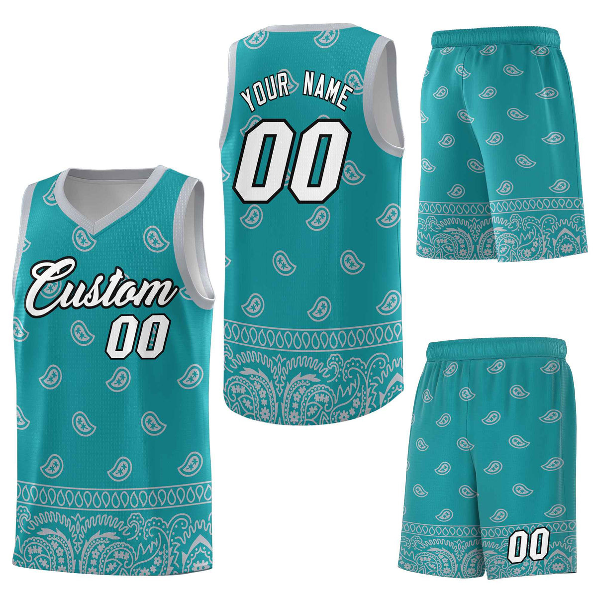 Custom Aqua Gray Personalized Cashew Pattern Sports Uniform Basketball Jersey