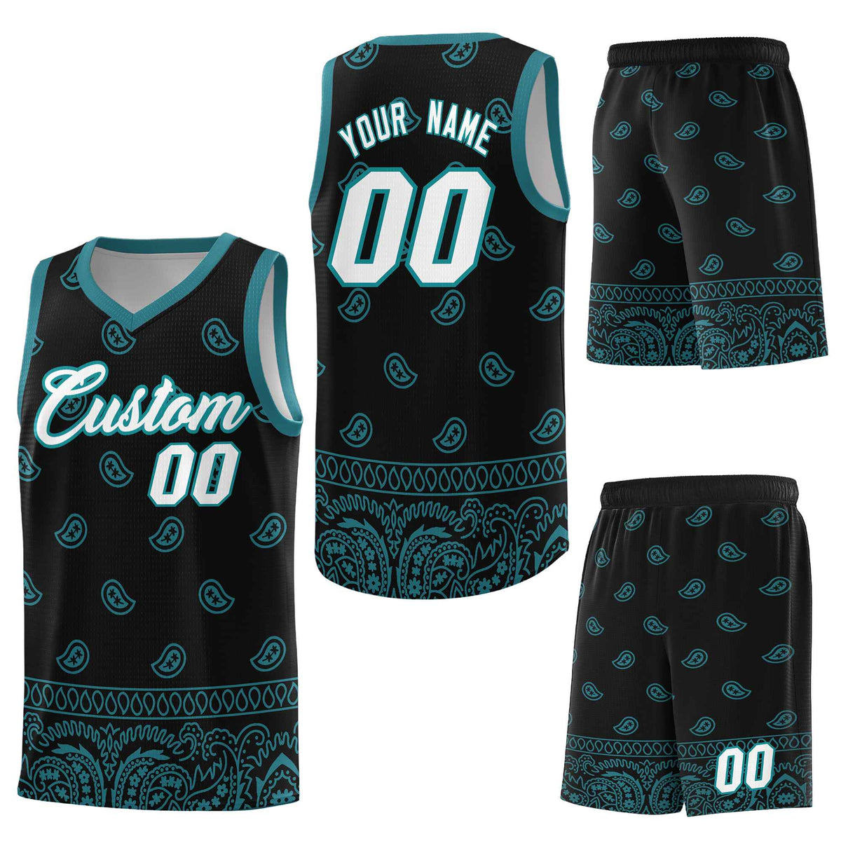 Custom Black Aqua Personalized Cashew Pattern Sports Uniform Basketball Jersey