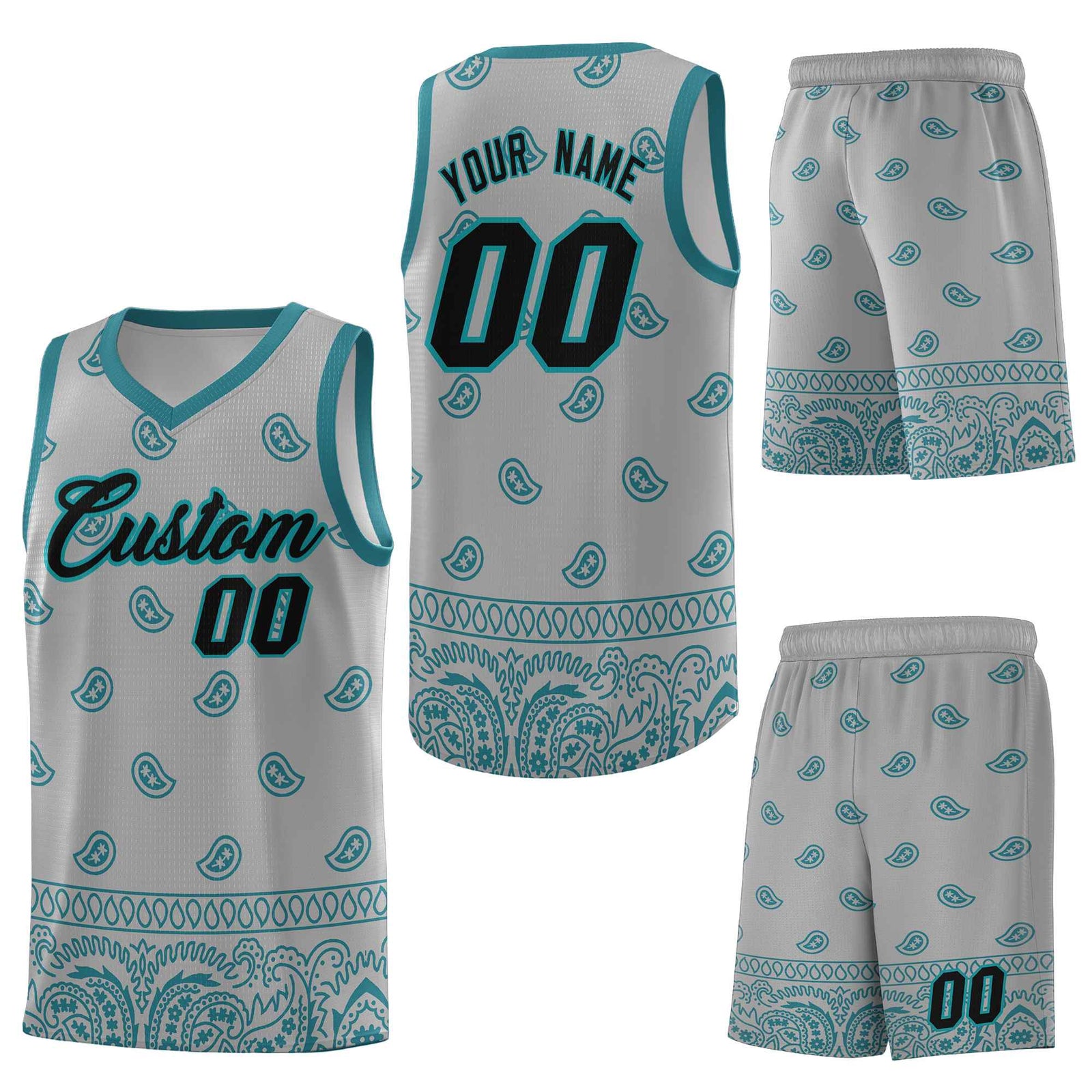 Custom Gray Aqua Personalized Cashew Pattern Sports Uniform Basketball Jersey