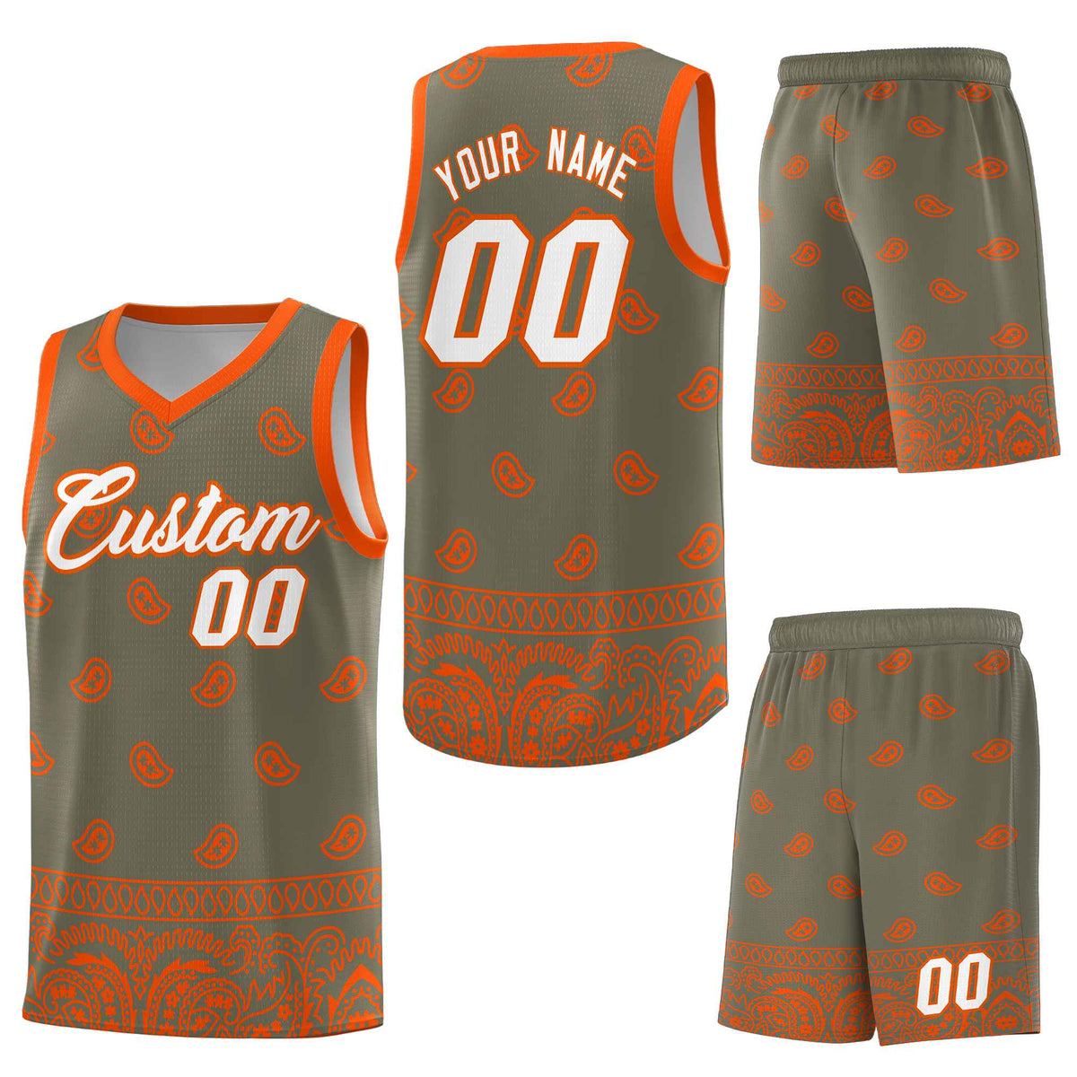 Custom Olive Orange Personalized Cashew Pattern Sports Uniform Basketball Jersey