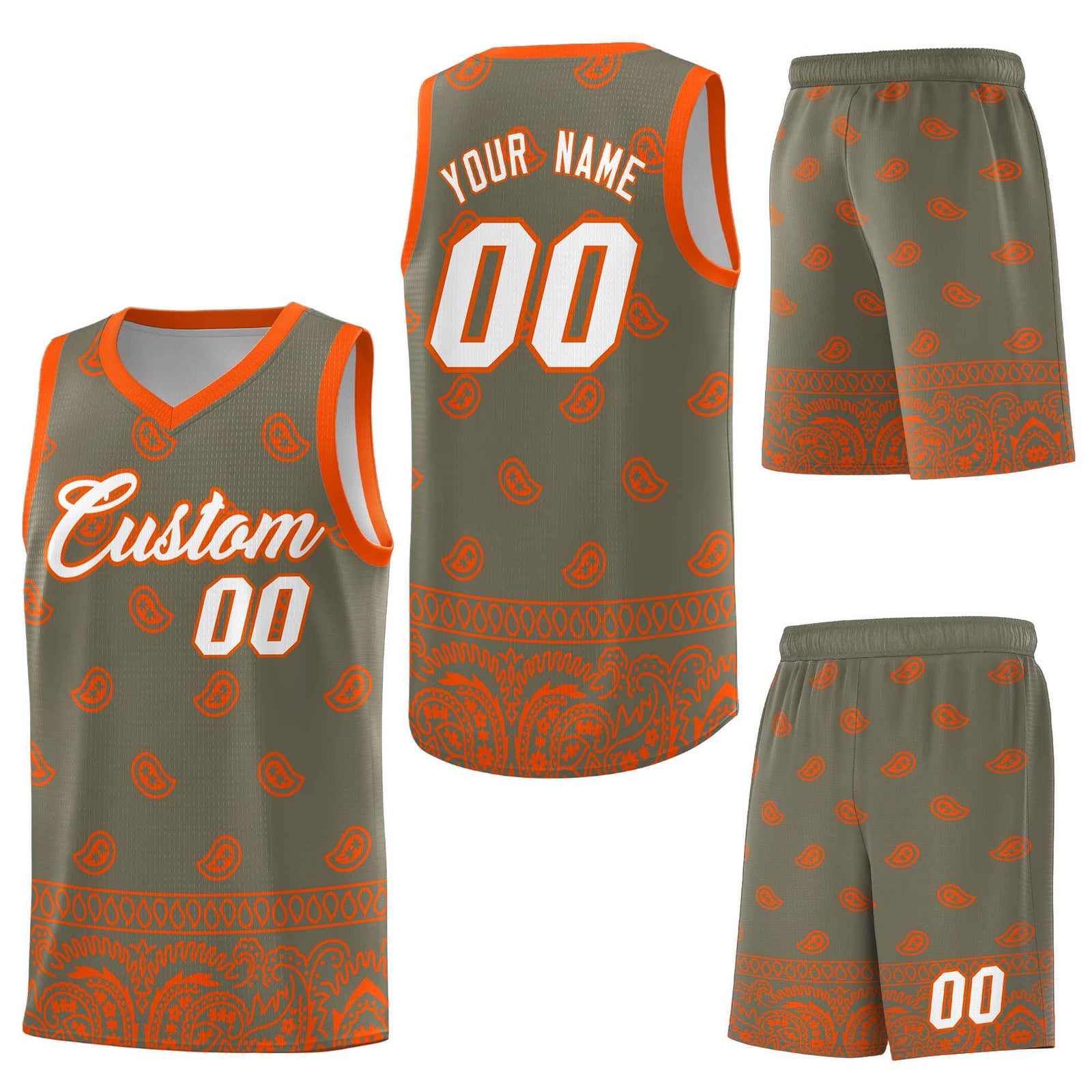 Custom Olive Orange Personalized Cashew Pattern Sports Uniform Basketball Jersey