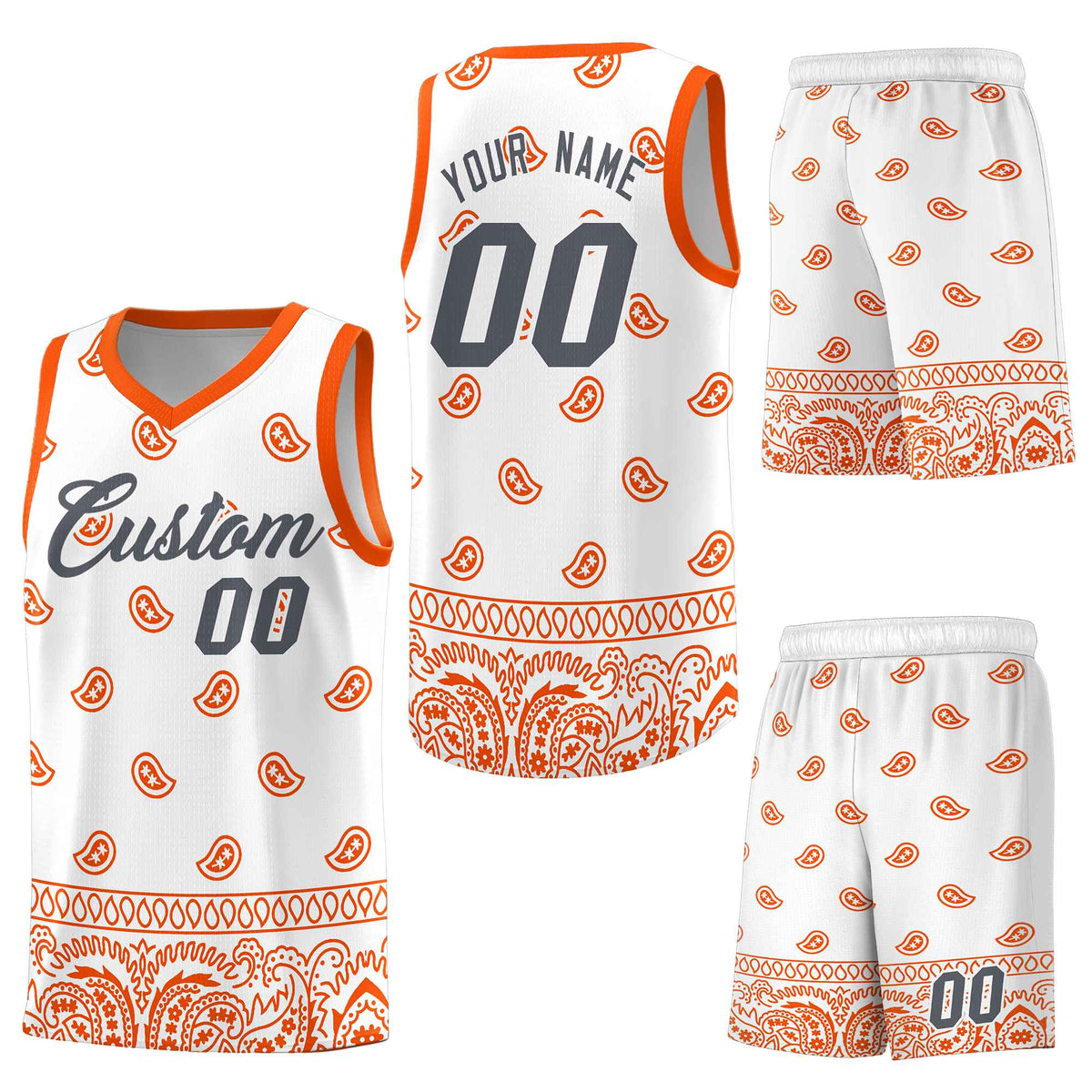 Custom White Orange Personalized Cashew Pattern Sports Uniform Basketball Jersey