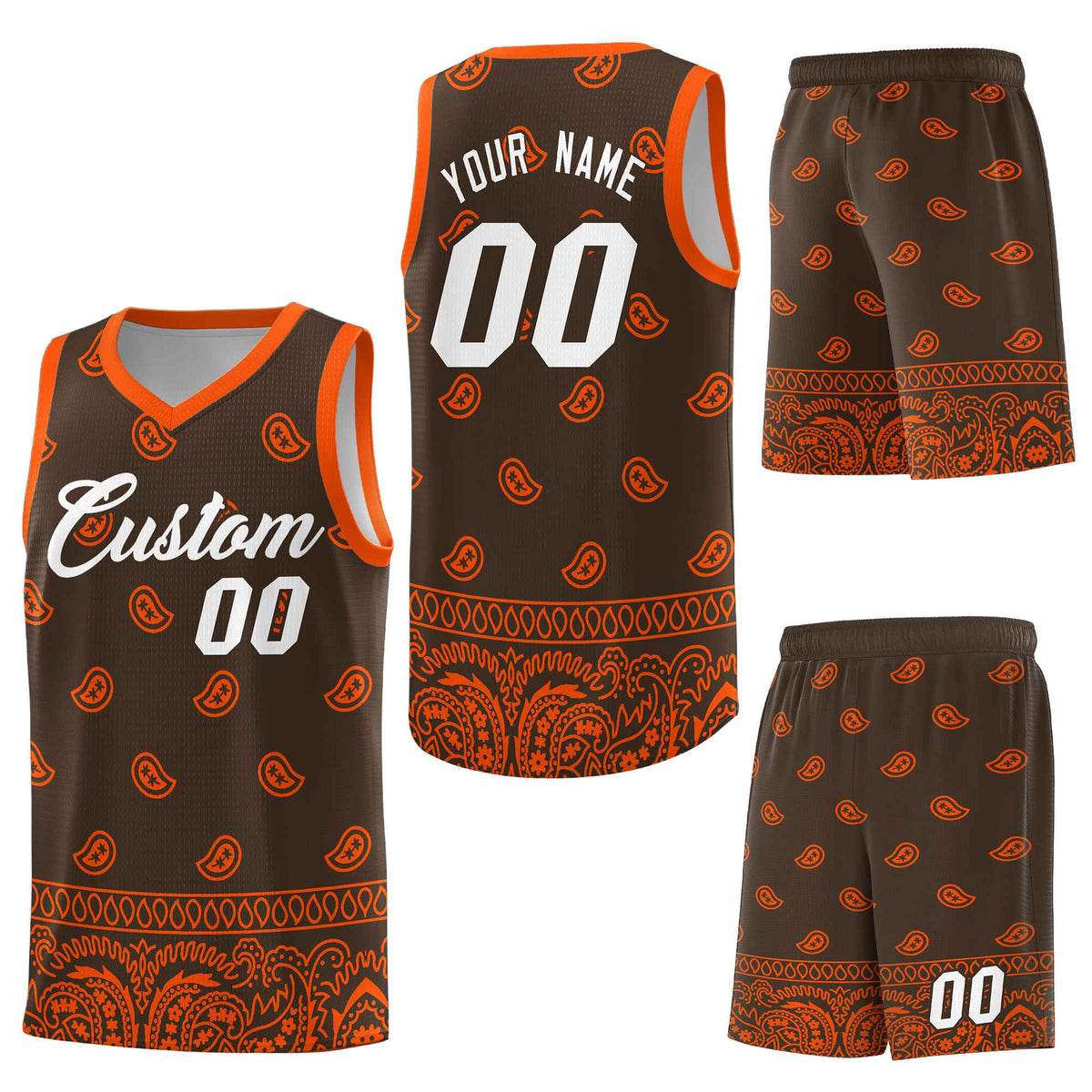 Custom Brown Orange Personalized Cashew Pattern Sports Uniform Basketball Jersey