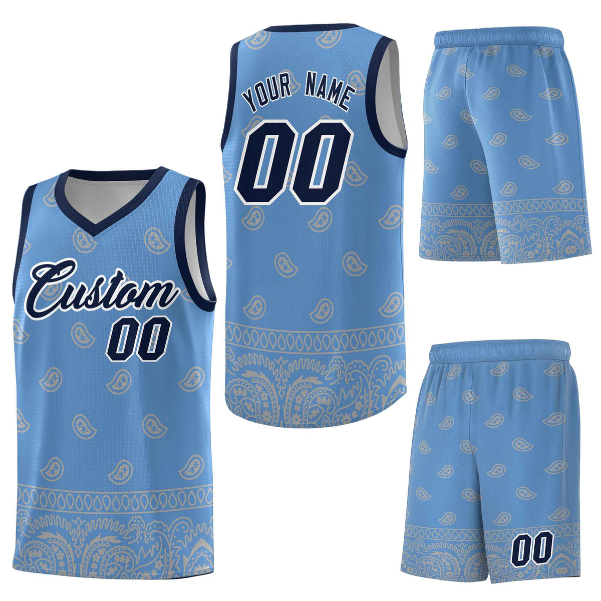 Custom Light Blue Gray Personalized Cashew Pattern Sports Uniform Basketball Jersey