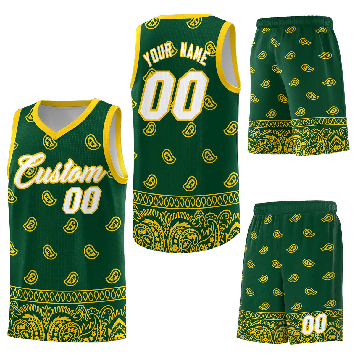 Custom Gold Green Personalized Cashew Pattern Sports Uniform Basketball Jersey