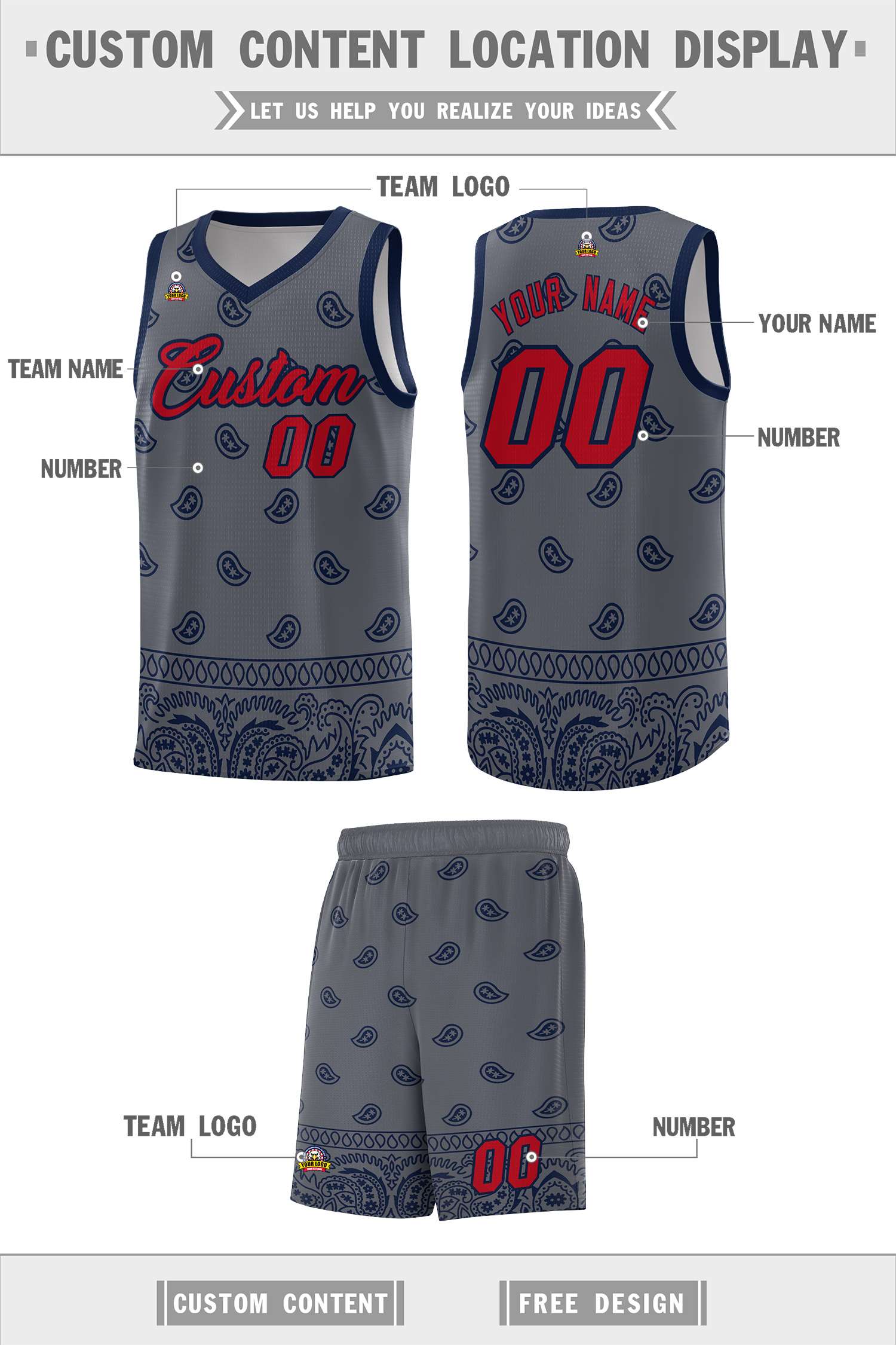 Custom Dark Gray Navy Personalized Cashew Pattern Sports Uniform Basketball Jersey