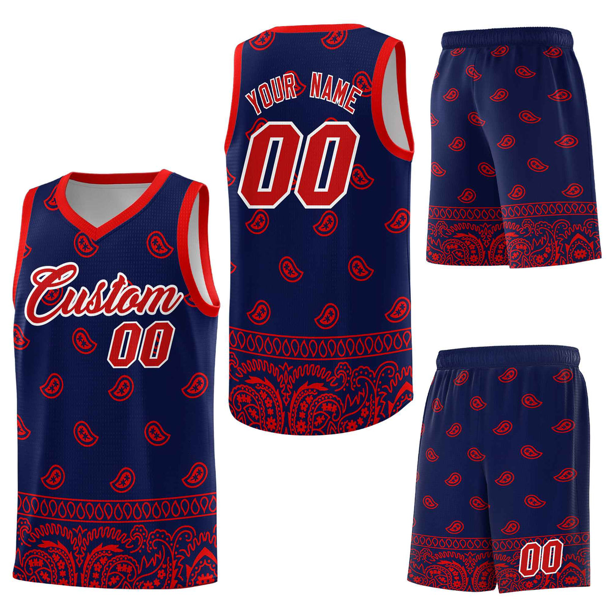 Custom Navy Red Personalized Cashew Pattern Sports Uniform Basketball Jersey