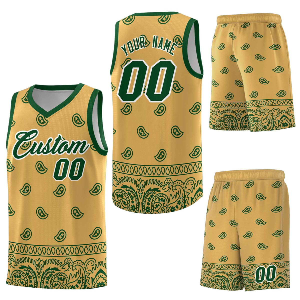 Custom Old Gold Green Personalized Cashew Pattern Sports Uniform Basketball Jersey