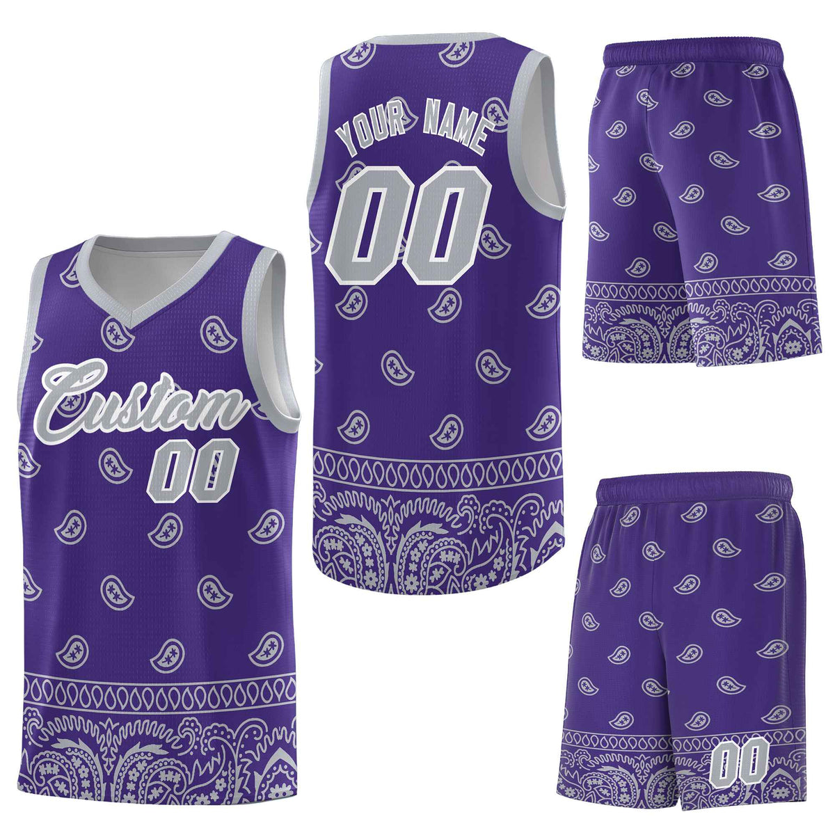 Custom Purple Gray Personalized Cashew Pattern Sports Uniform Basketball Jersey