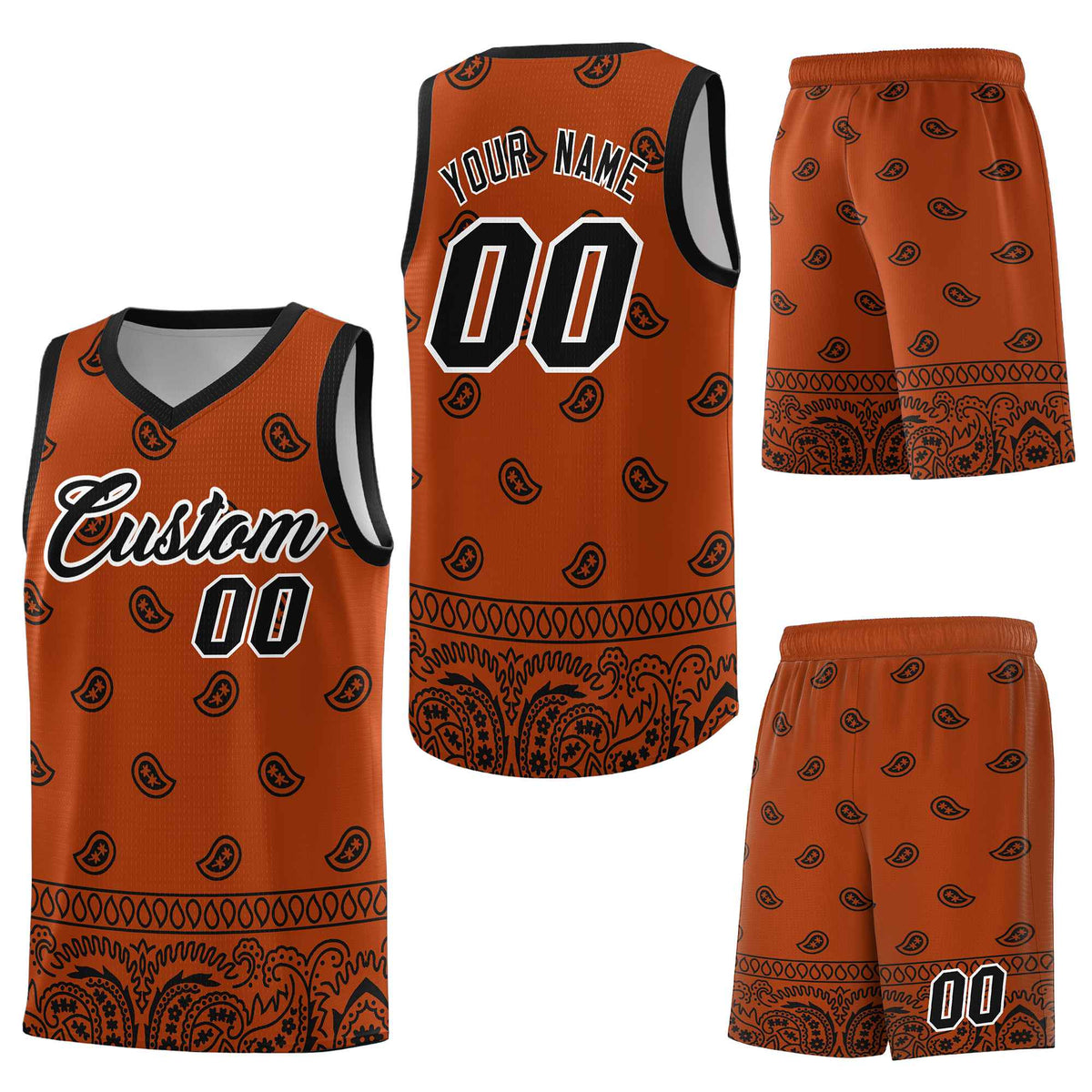 Custom Texas Orange Black Personalized Cashew Pattern Sports Uniform Basketball Jersey