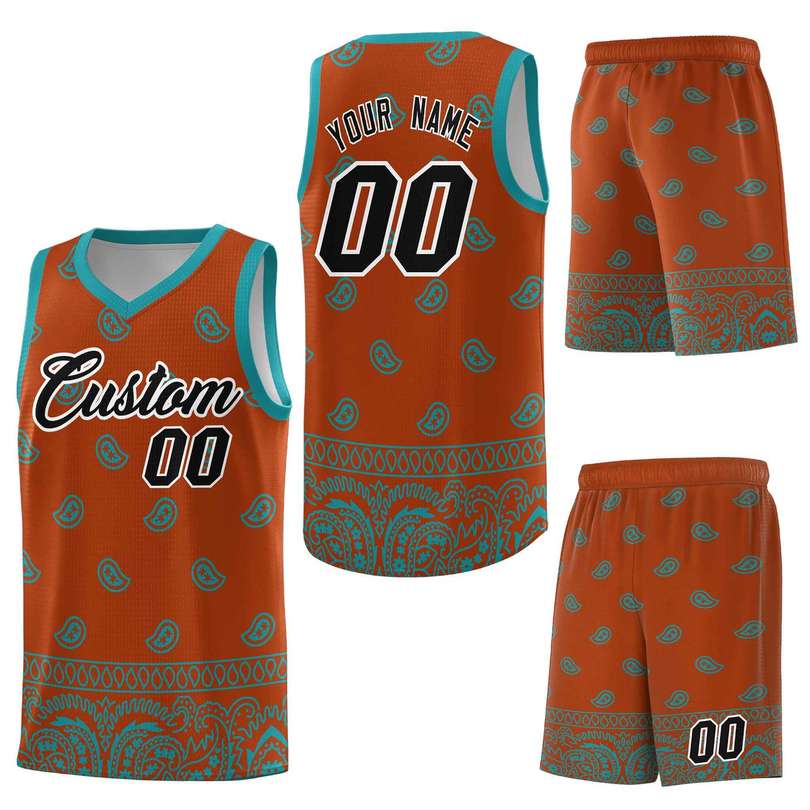 Custom Texas Orange Aqua Personalized Cashew Pattern Sports Uniform Basketball Jersey