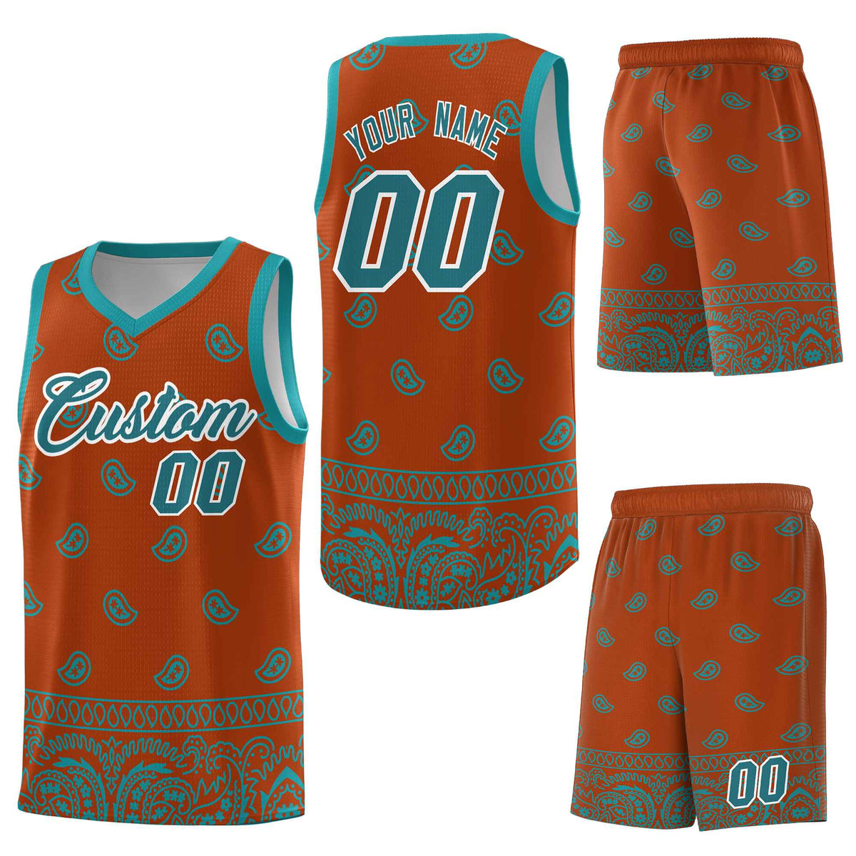 Custom Texas Orange Aqua Personalized Cashew Pattern Sports Uniform Basketball Jersey