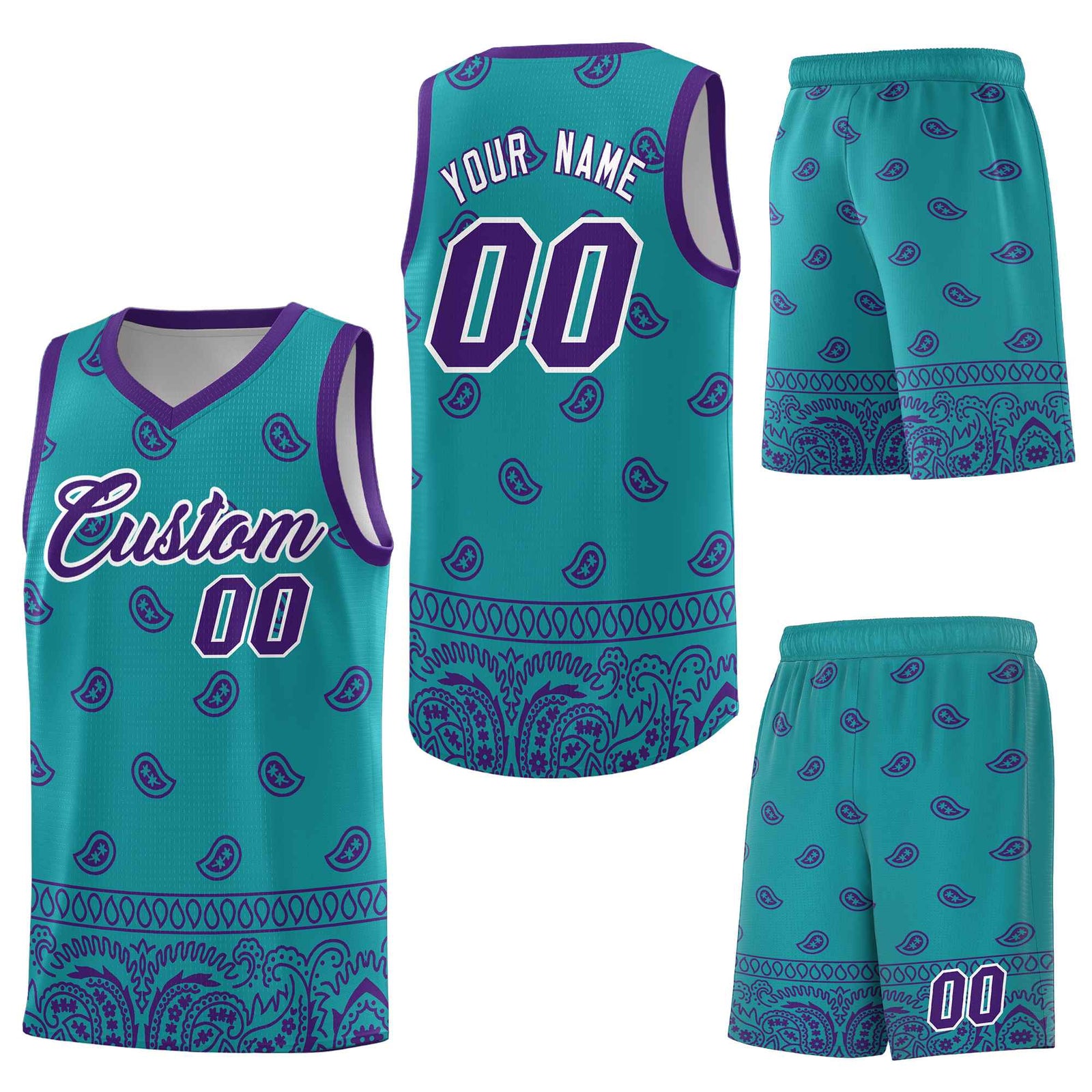 Custom Aqua Purple Personalized Cashew Pattern Sports Uniform Basketball Jersey