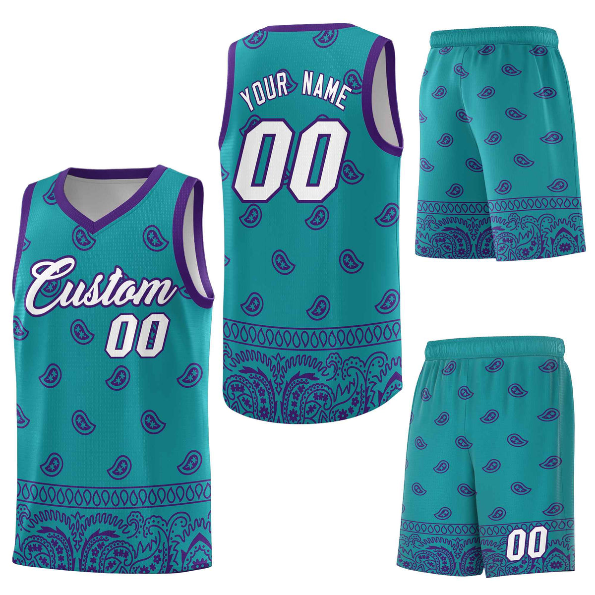 Custom Aqua Purple Personalized Cashew Pattern Sports Uniform Basketball Jersey