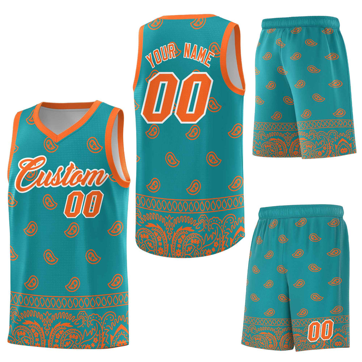 Custom Aqua Orange Personalized Cashew Pattern Sports Uniform Basketball Jersey