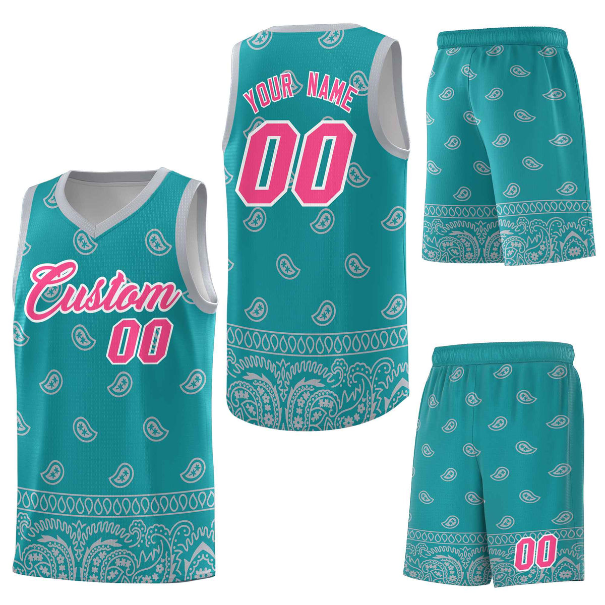 Custom Aqua Gray Personalized Cashew Pattern Sports Uniform Basketball Jersey