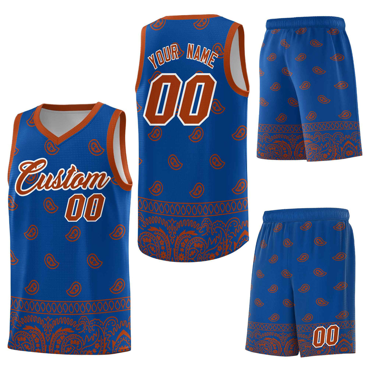 Custom Royal Texas Orange Personalized Cashew Pattern Sports Uniform Basketball Jersey