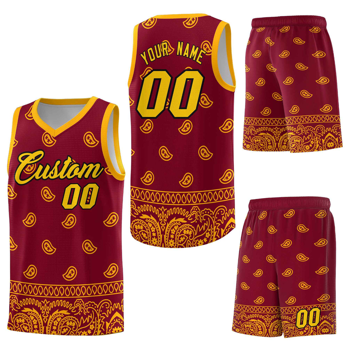 Custom Crimson Yellow Personalized Cashew Pattern Sports Uniform Basketball Jersey