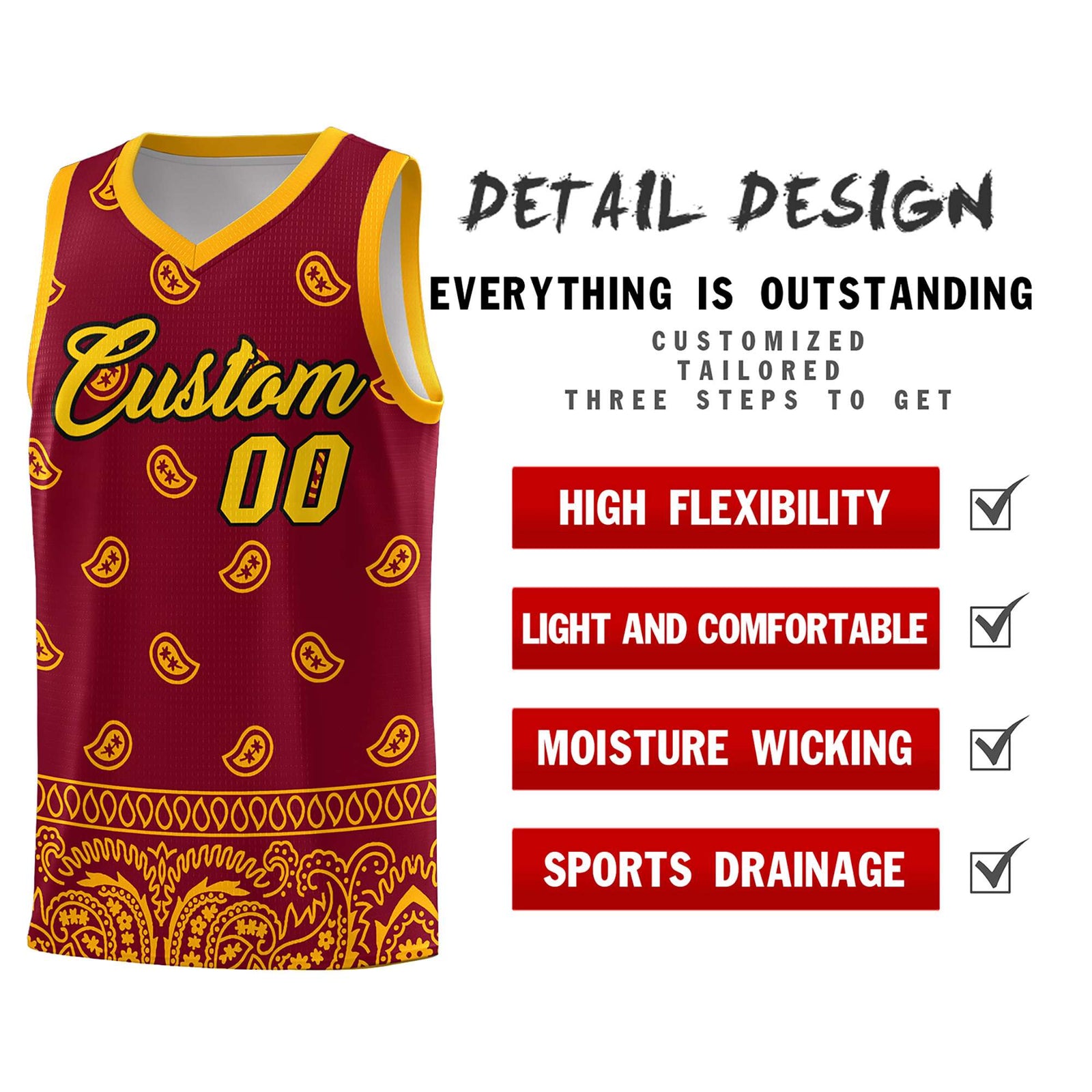 Custom Crimson Yellow Personalized Cashew Pattern Sports Uniform Basketball Jersey