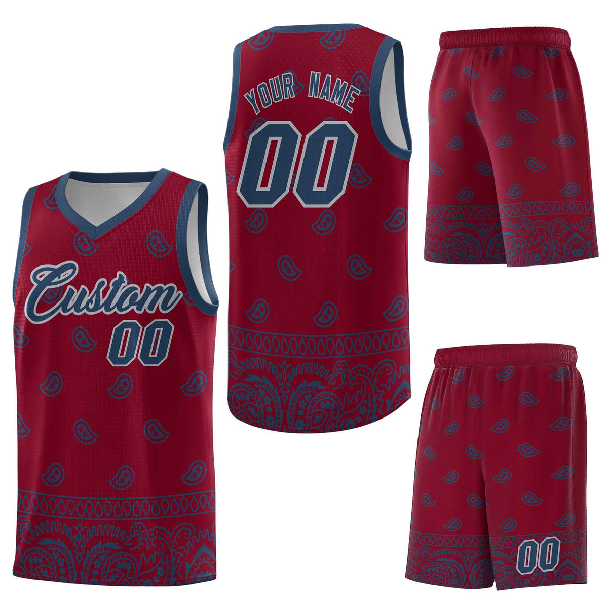 Custom Crimson Midnight Blue Personalized Cashew Pattern Sports Uniform Basketball Jersey