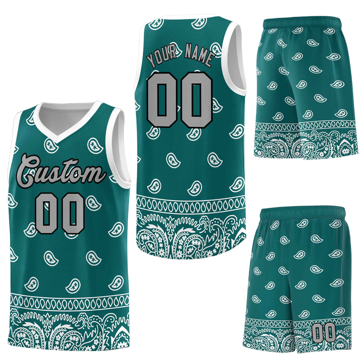 Custom Aqua White Personalized Cashew Pattern Sports Uniform Basketball Jersey