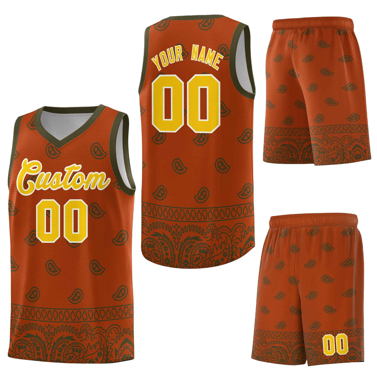 Custom Texas Orange Olive Personalized Cashew Pattern Sports Uniform Basketball Jersey