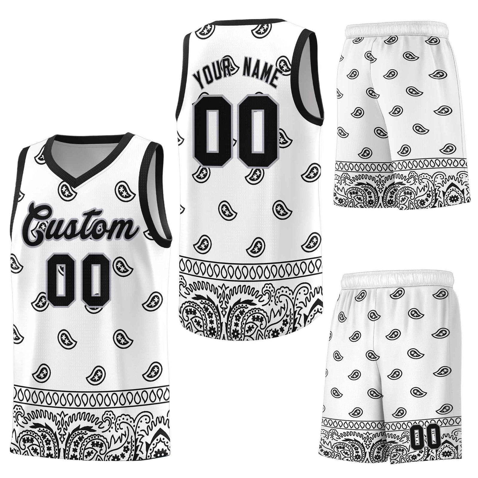 Custom White Black Personalized Cashew Pattern Sports Uniform Basketball Jersey
