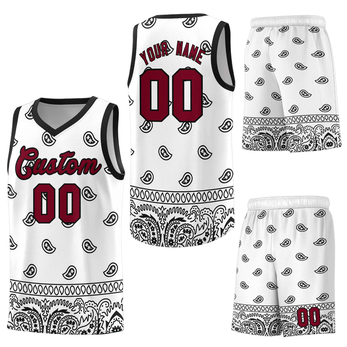 Custom White Black Personalized Cashew Pattern Sports Uniform Basketball Jersey