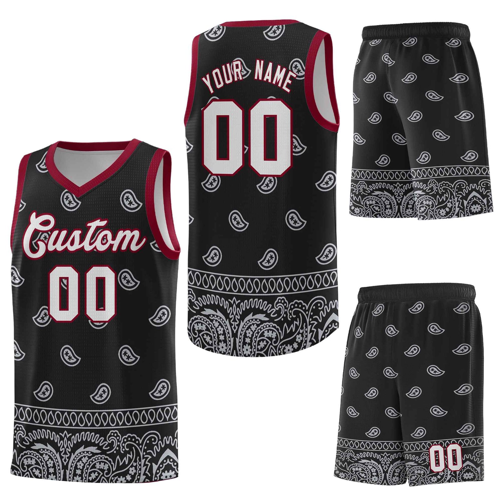 Custom Black Gray Personalized Cashew Pattern Sports Uniform Basketball Jersey