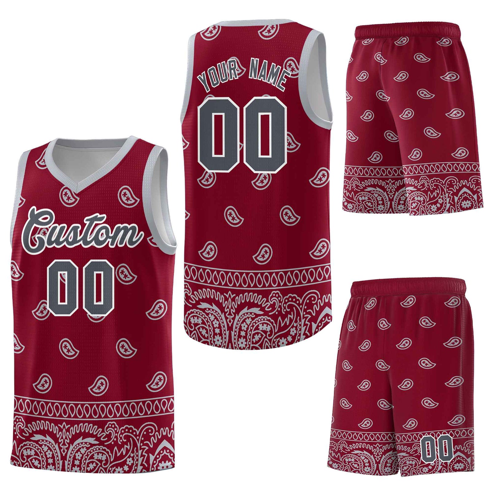Custom Crimson Gray Personalized Cashew Pattern Sports Uniform Basketball Jersey