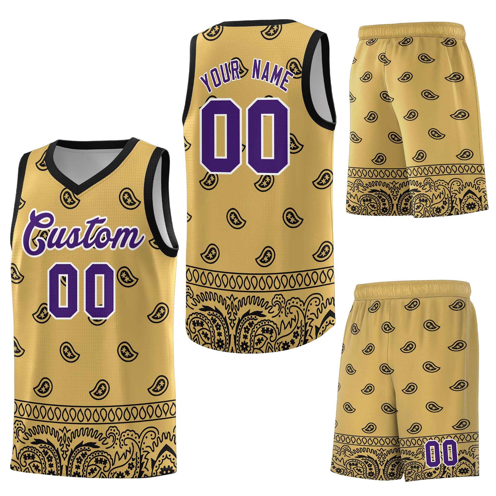 Custom Old Gold Black Personalized Cashew Pattern Sports Uniform Basketball Jersey