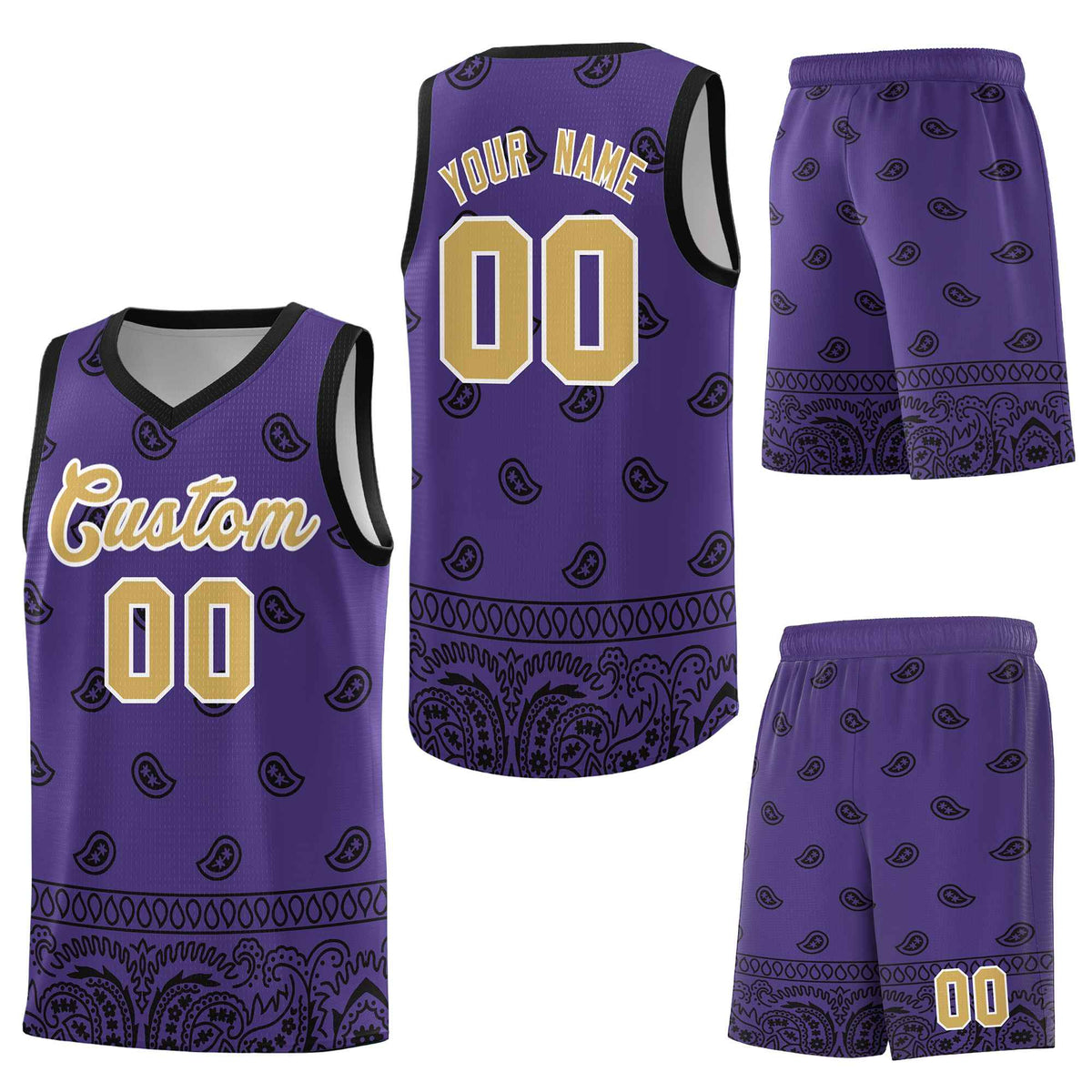 Custom Purple Black Personalized Cashew Pattern Sports Uniform Basketball Jersey