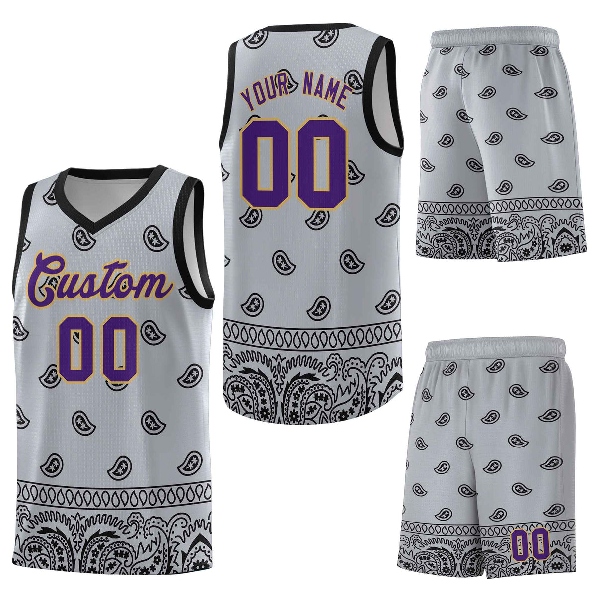 Custom Gray Black Personalized Cashew Pattern Sports Uniform Basketball Jersey