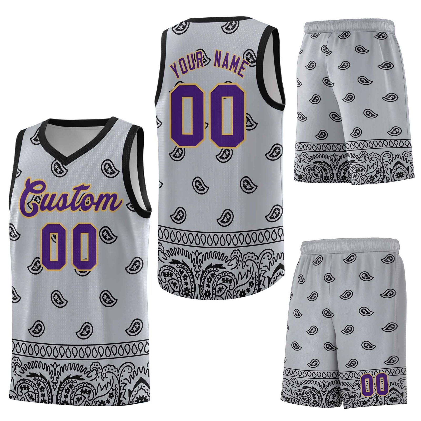 Custom Gray Black Personalized Cashew Pattern Sports Uniform Basketball Jersey