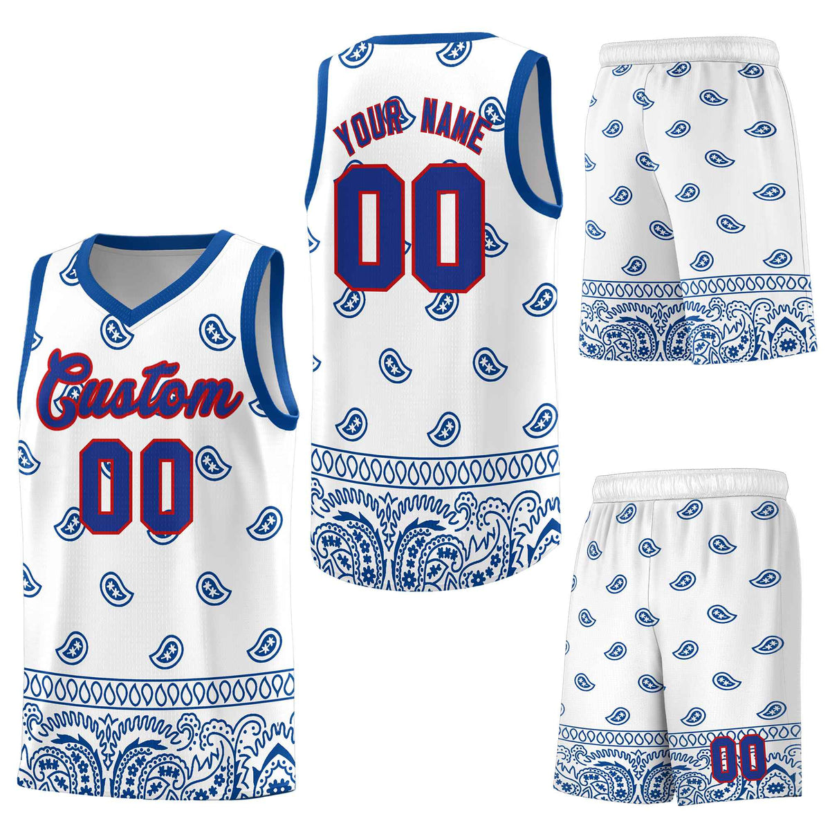 Custom White Royal Personalized Cashew Pattern Sports Uniform Basketball Jersey