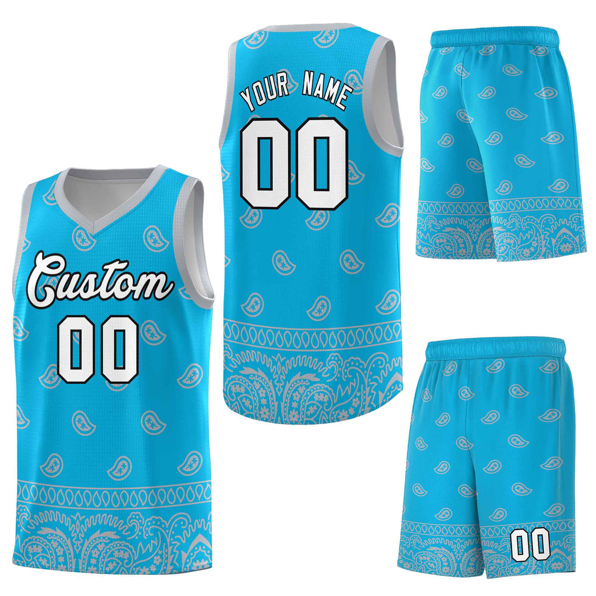 Custom Sky Blue Gray Personalized Cashew Pattern Sports Uniform Basketball Jersey