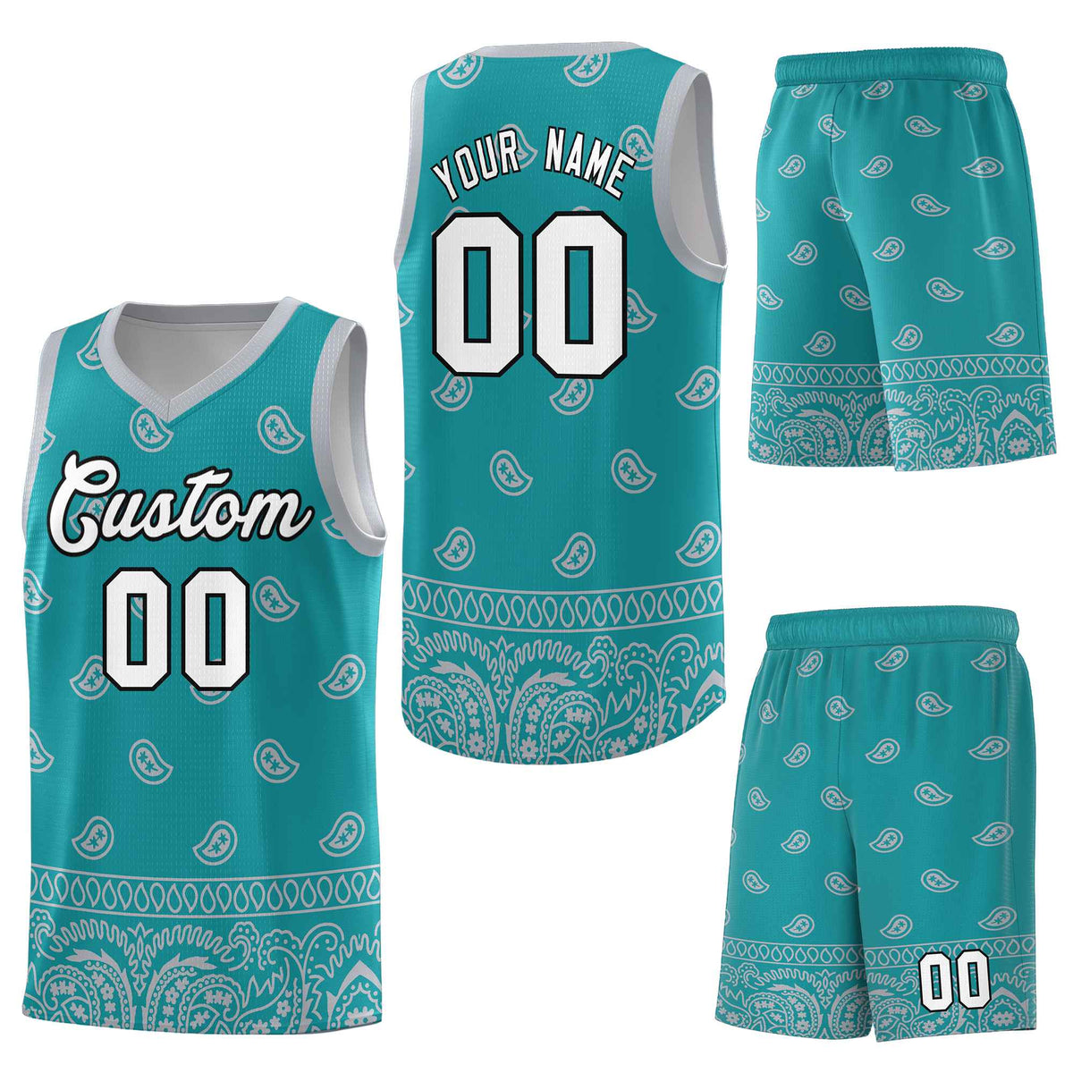 Custom Aqua Gray Personalized Cashew Pattern Sports Uniform Basketball Jersey