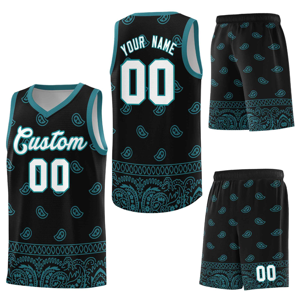 Custom Black Aqua Personalized Cashew Pattern Sports Uniform Basketball Jersey