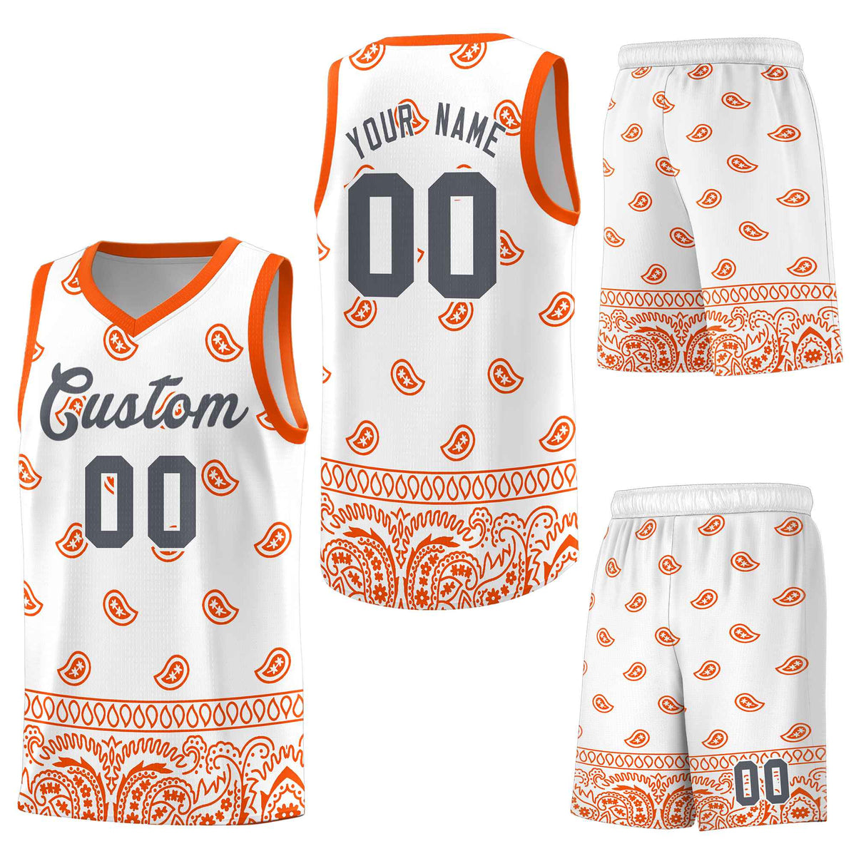 Custom White Orange Personalized Cashew Pattern Sports Uniform Basketball Jersey