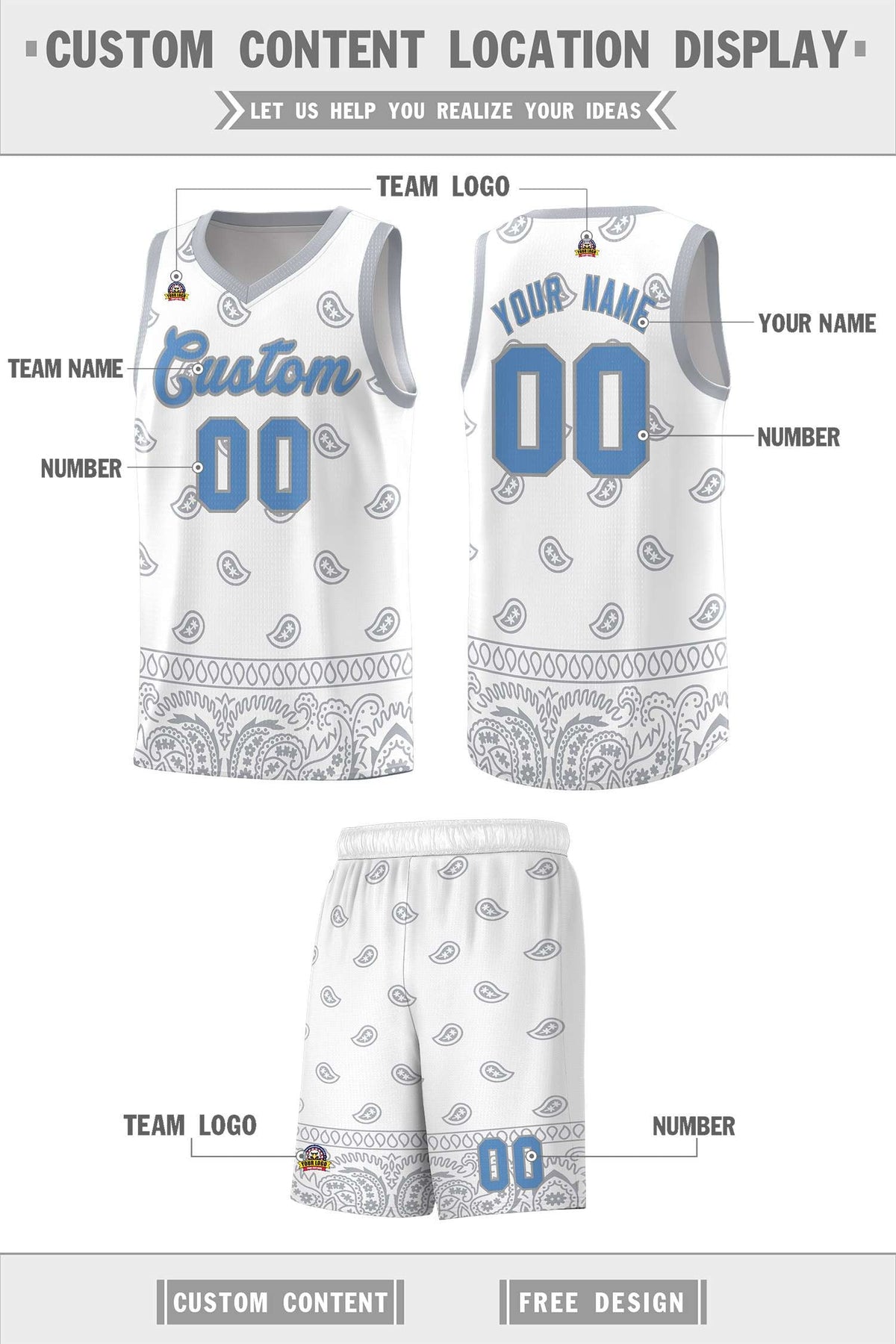 Custom White Gray Personalized Cashew Pattern Sports Uniform Basketball Jersey