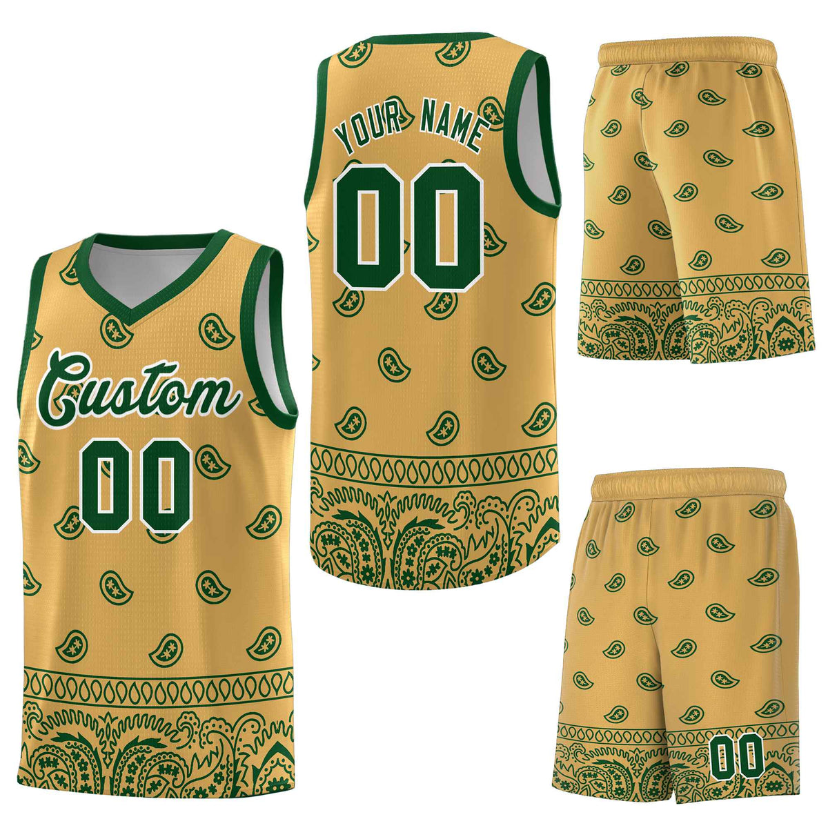 Custom Old Gold Green Personalized Cashew Pattern Sports Uniform Basketball Jersey