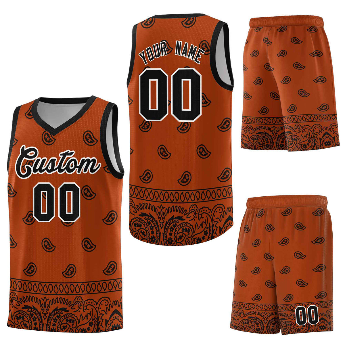 Custom Texas Orange Black Personalized Cashew Pattern Sports Uniform Basketball Jersey