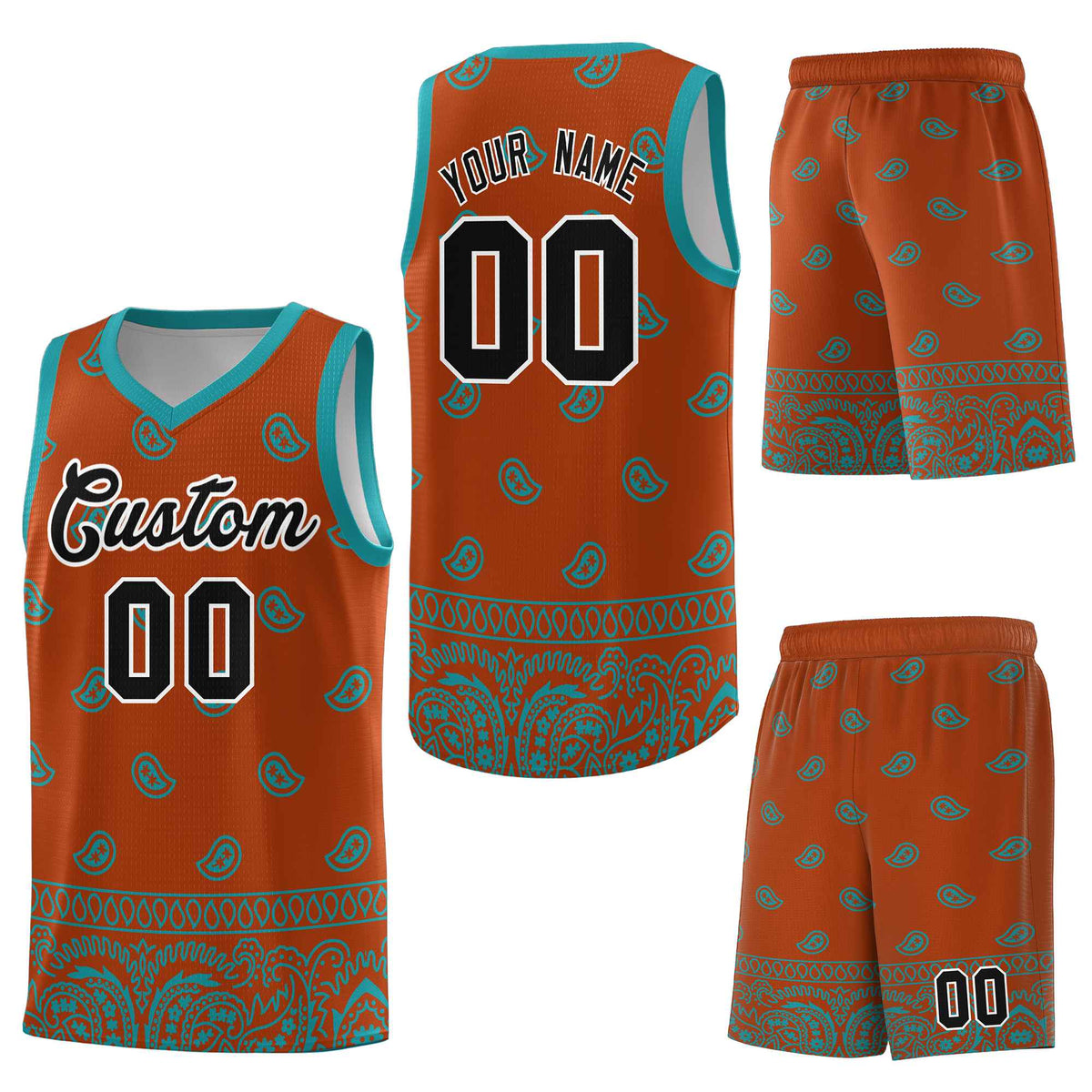 Custom Texas Orange Aqua Personalized Cashew Pattern Sports Uniform Basketball Jersey
