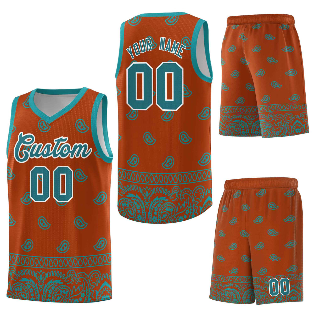 Custom Texas Orange Aqua Personalized Cashew Pattern Sports Uniform Basketball Jersey