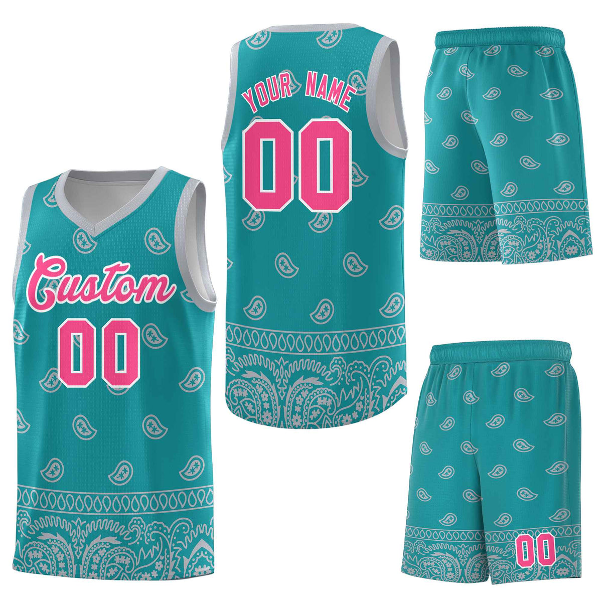 Custom Aqua Gray Personalized Cashew Pattern Sports Uniform Basketball Jersey