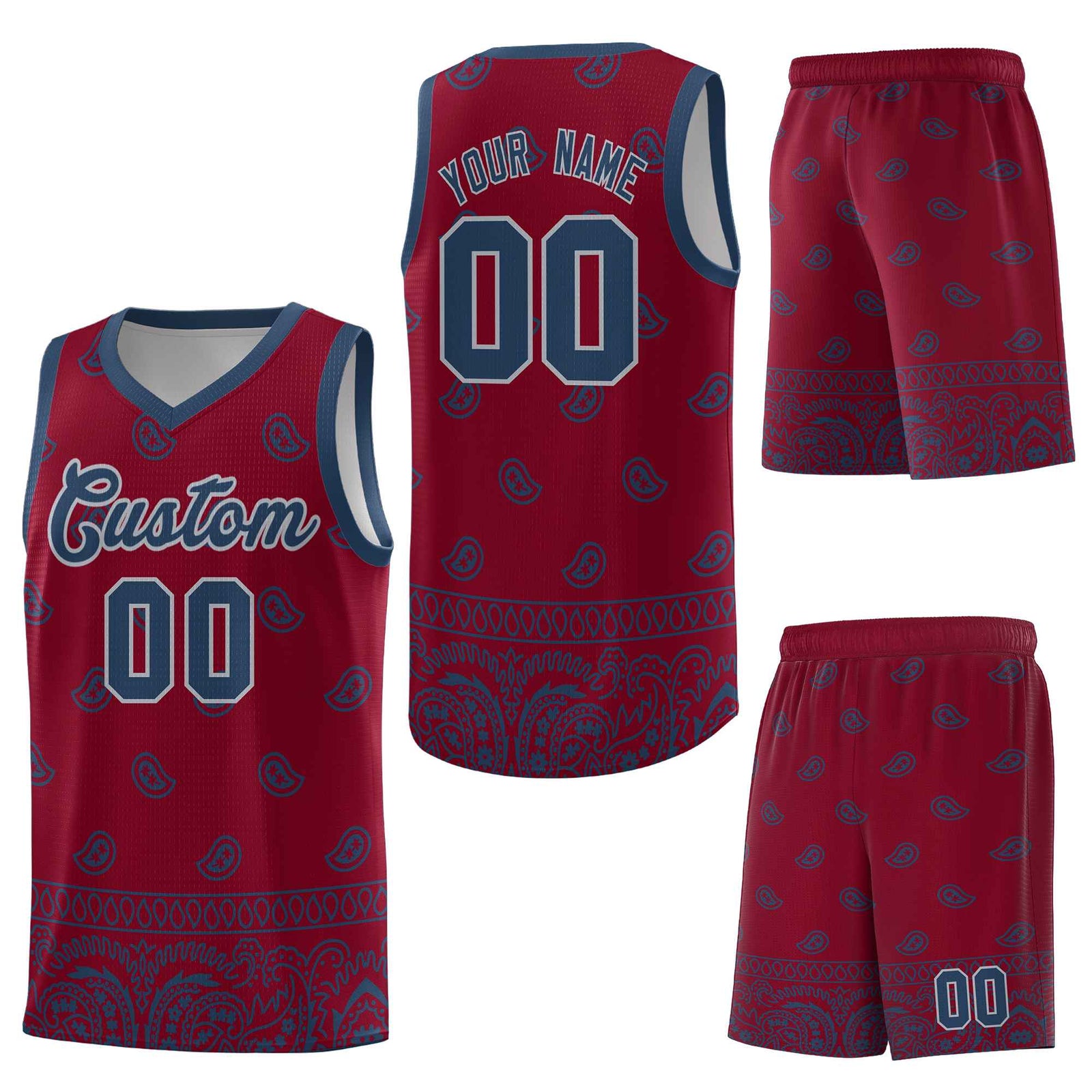 Custom Crimson Midnight Blue Personalized Cashew Pattern Sports Uniform Basketball Jersey