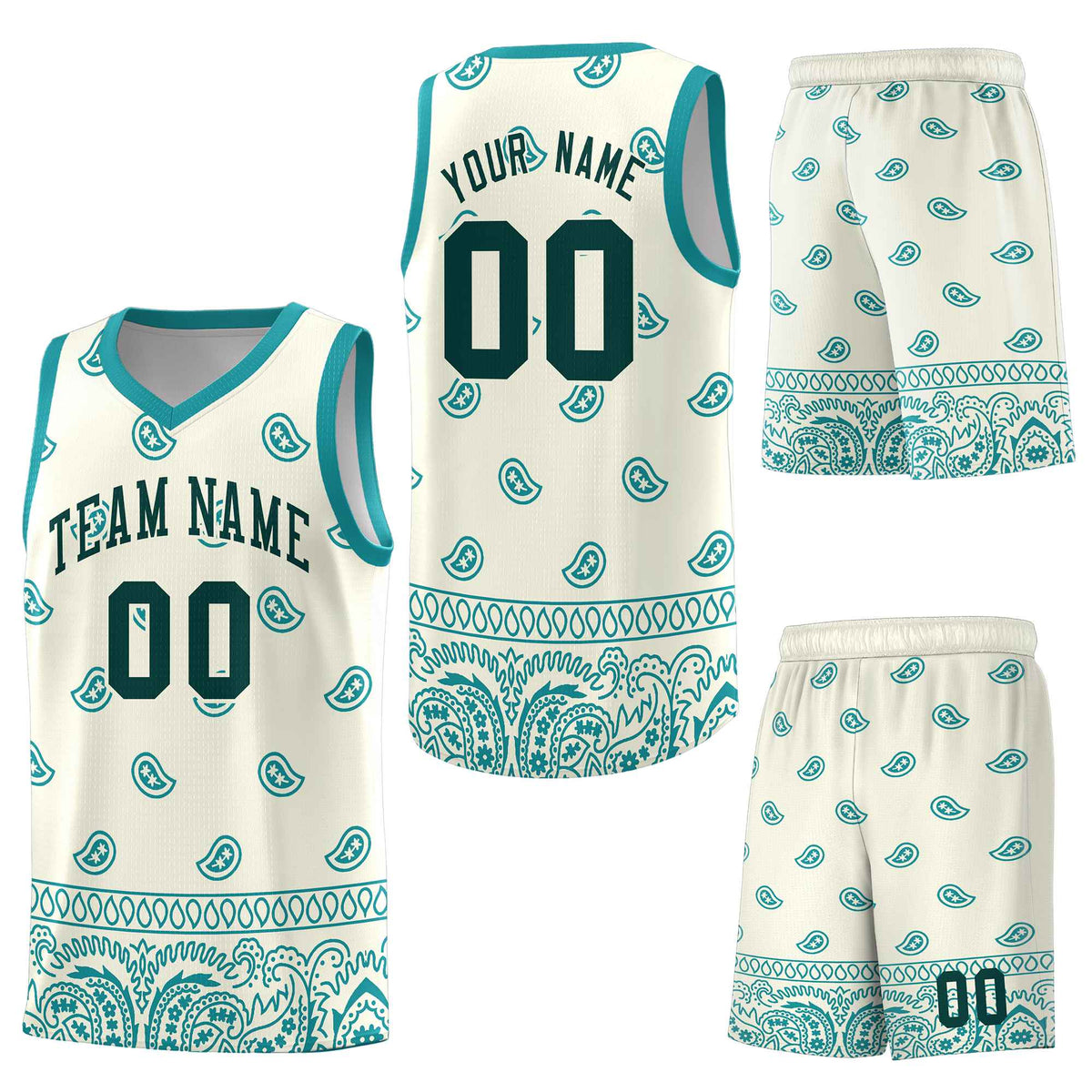 Custom White Aqua Personalized Cashew Pattern Sports Uniform Basketball Jersey