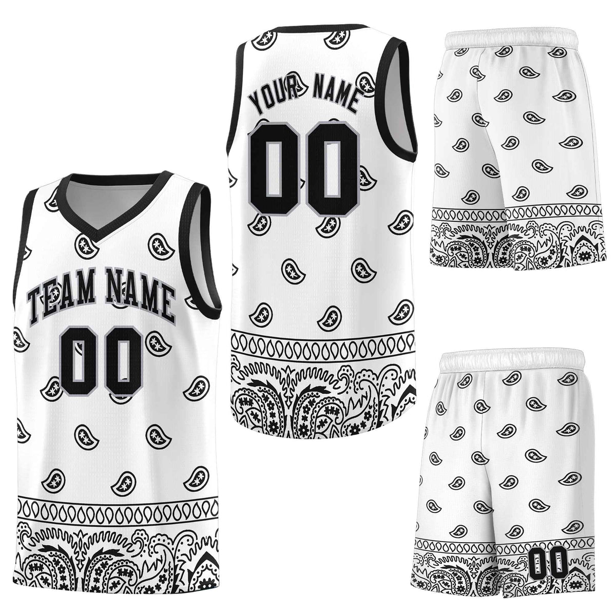 Custom White Black Personalized Cashew Pattern Sports Uniform Basketball Jersey