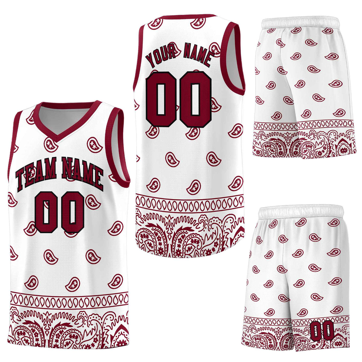 Custom White Crimson Personalized Cashew Pattern Sports Uniform Basketball Jersey
